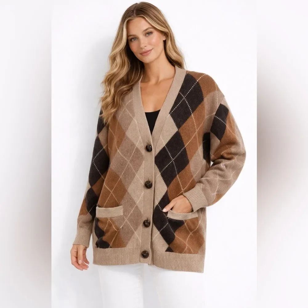 NWOT Nili Lotan Argyle Wool Cardigan Sweater | Size Small